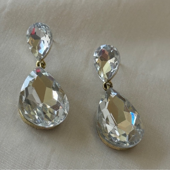 Formal Large Stone Double Teardrop Earrings Designer Inspired Dangles Gold Post - Picture 8 of 10